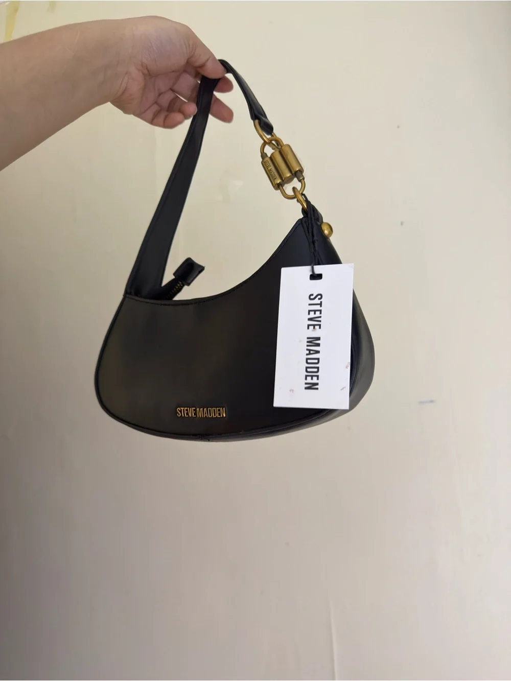 Steve Madden Black Crescent Shoulder Bag with Gold Accents
